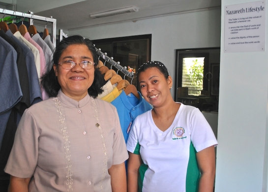 Margie Rose Butlig (right) takes charge of production in the Mandaluyong branch of Talleres de Nazaret (Nazareth workshop) run by Siervas de San Jose to where Sister Lucy Camiring (left) has served after returning from 9 years in mission in Papua New Guinea. - NJ Viehland Photos